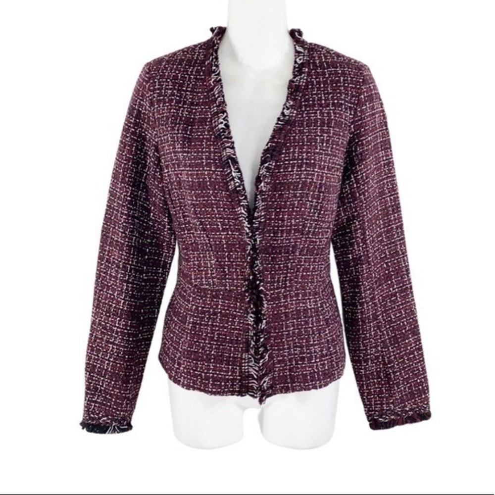 WHBM burgundy white black tweed peplum fringe jacket - Picture 3 of 15
